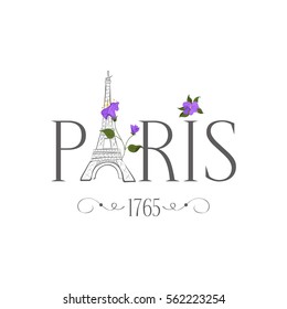 Tower Eiffel with Paris lettering. Eiffel tower icon with spring blooming flowers. Vector illustration.