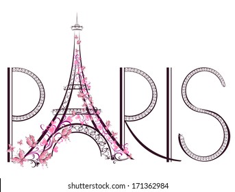 Tower Eiffel with Paris lettering.  Vector illustration 