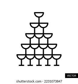 Tower of empty champagne glasses, Glass pyramid vector icon in line style design for website, app, UI, isolated on white background. Editable stroke. EPS 10 vector illustration.