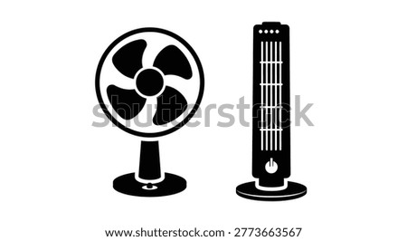 Tower fan and oscillating fan silhouette on a white background