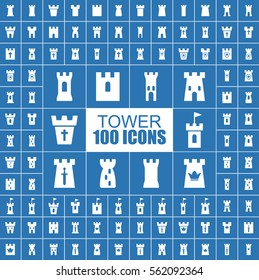 Tower, Fortress, Fort, Citadel and Defense Vector Flat Icons.