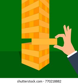 Tower game with hands. Wooden block game.