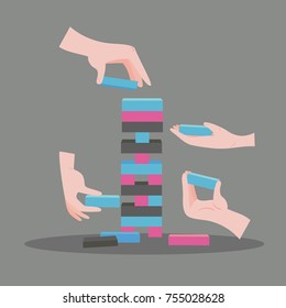 Tower game with hands. Wooden risk block game. Stack balancing toy. Color vector illustration