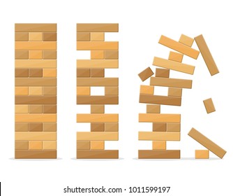 Tower games for kids and adults on white background. Wooden block stack balance risk puzzle toy. Tower balance game. Take and put process. Gambling placing block stack on a tower. Vector illustration