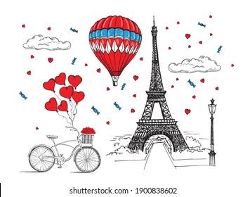 Еiffel tower, hot air balloon. Hand-drawn style. Vector illustration.