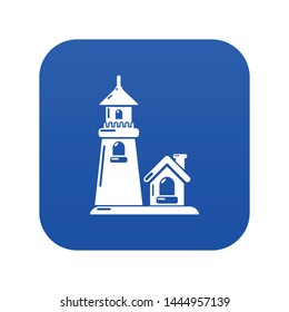 Tower and house icon blue vector isolated on white background