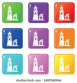 Tower and house icons set 9 color collection isolated on white for any design
