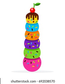 Tower of ice cream balls with confectionery sprinkling, chocolate sauce and cherries vector flat material design isolated on white