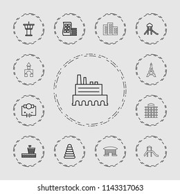 Tower icon. collection of 13 tower outline icons such as airport, modern curved building, pyramid, electricity, castle. editable tower icons for web and mobile.