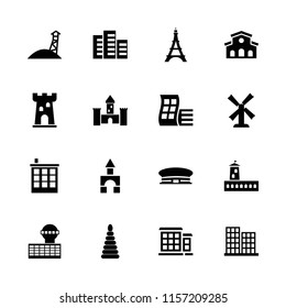 Tower icon. collection of 16 tower filled icons such as modern curved building, mill, airport, business center, castle, building. editable tower icons for web and mobile.