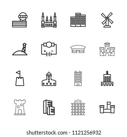 Tower icon. collection of 16 tower outline icons such as mill, building, castle, electricity, bank. editable tower icons for web and mobile.