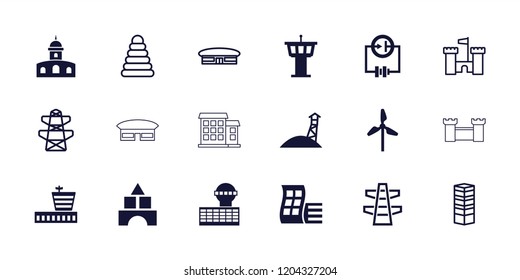 Tower icon. collection of 18 tower filled and outline icons such as airport, modern curved building, business centre, pyramid, pylon. editable tower icons for web and mobile.