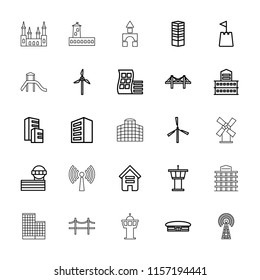 Tower icon. collection of 25 tower outline icons such as mill, airport, building, modern curved building, business centre, bridge. editable tower icons for web and mobile.
