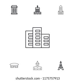 Tower icon. collection of 7 tower outline icons such as building, bank, airport, castle. editable tower icons for web and mobile.
