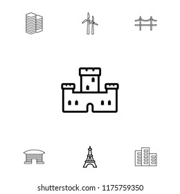 Tower icon. collection of 7 tower outline icons such as castle, business centre, building, airport, mill. editable tower icons for web and mobile.