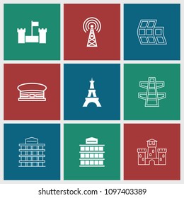 Tower icon. collection of 9 tower filled and outline icons such as airport, castle, building, modern curved building. editable tower icons for web and mobile.