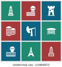 Tower icon. collection of 9 tower filled icons such as business center, oil derrick, castle, building. editable tower icons for web and mobile.