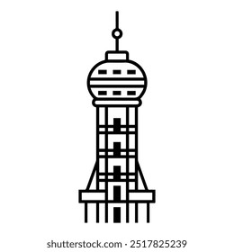 Icono de la torre o símbolo de línea moderna. Vector línea de arte y diseño de iconos con contorno en negrita. Blanco y negro Pixel Símbolo minimalista perfecto aislado fondo blanco. Silueta simple signo delgado