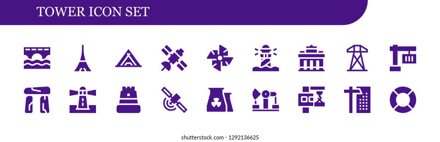  tower icon set. 18 filled tower icons. Simple modern icons about  - Bridge, Tokyo,  Satellite, Windmill, Lighthouse, Brandenburg gate, Electric tower, Crane, Dolmen, Castle