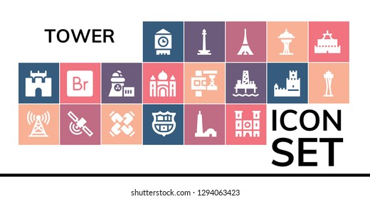  tower icon set. 19 filled tower icons. Simple modern icons about  - Big ben, Sand castle, Tower, Signal, United, Barcelona, Qutb minar, Notre dame, Bridge, Nuclear plant, Taj mahal
