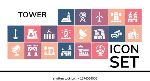  tower icon set. 19 filled tower icons. Simple modern icons about  - Hassan mosque, Monas, Satellite, Arch, Derrick, Stockholm, Airport, Windmill, Nuclear plant, Crane, Lighthouse