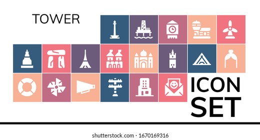 tower icon set. 19 filled tower icons. Included Monas, Temple, Lifeguard, Windmill, Communication, Transmission tower, Skyscraper, Dolmen, Tokyo, Fortress, Taj mahal, Giralda icons