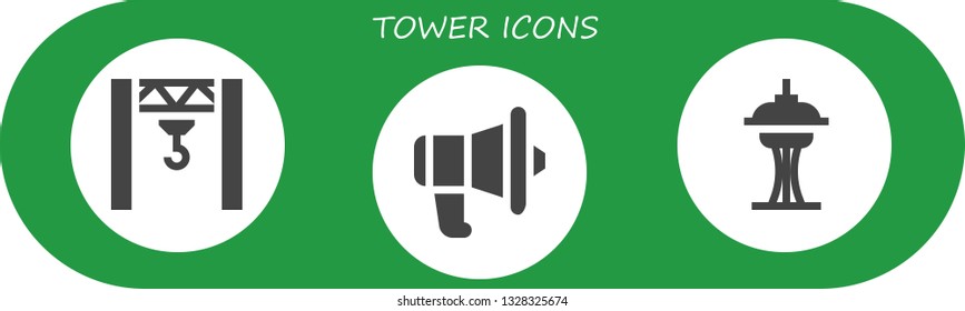 tower icon set. 3 filled tower icons.  Collection Of - Crane, Communication, Space needle