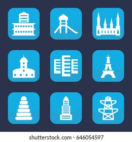 Tower icon. set of 9 filled tower icons such as building, castle, business center, eiffel tower, pyramid