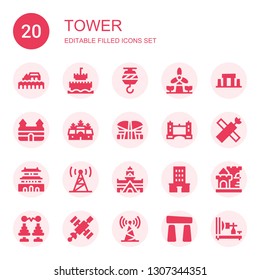 tower icon set. Collection of 20 filled tower icons included Cordoba, Sand castle, Crane, Windmill, Stonehenge, Castle, Angkor wat, Indonesia, Tower bridge, Satellite,