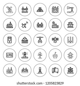 Tower icon set. collection of 25 outline tower icons with bangkok, bridge, castle, golden gate, harbor crane, lighthouse, kremlin, london eye, pagoda icons. editable icons.
