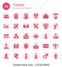 tower icon set. Collection of 30 filled tower icons included Angkor wat, Tower, Liverpool, Sevilla, Milan, Catapult, Satellite, Medieval walls, Electric tower, Indonesia, Windmill