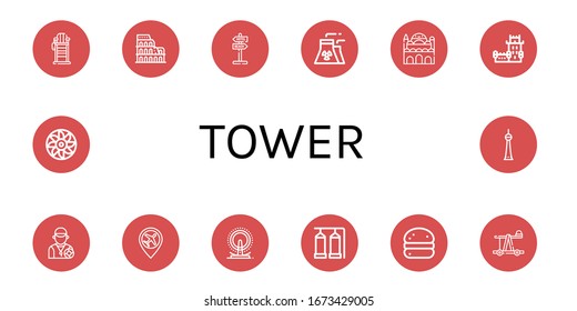 tower icon set. Collection of Lifeguard chair, Coliseum, Signaling, Nuclear plant, Cairo citadel, Belem tower, Lifeguard, Airport, London eye, Storage tank, Bola de berlim icons