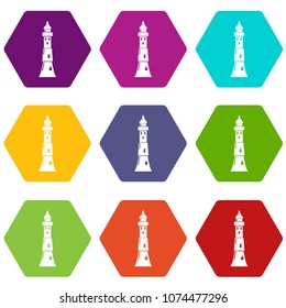 Tower icons 9 set coloful isolated on white for web