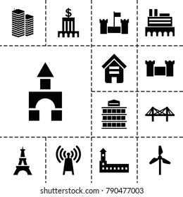 Tower icons. set of 13 editable filled tower icons such as building, castle, mill, transmitter, bridge, bank