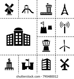 Tower icons. set of 13 editable filled tower icons such as building   isolated  sign symbol, mill, bank, castle, airport