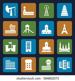 tower icons set. Set of 16 tower filled icons such as airport, building, castle, business center, Eiffel Tower, pyramid