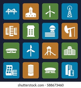 tower icons set. Set of 16 tower filled icons such as mill, airport, building, modern curved building, business centre, building   isolated  sign symbol, castle, bridge