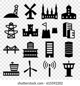 Tower icons set. set of 16 tower filled icons such as mill, airport, business centre, castle, building, pylon