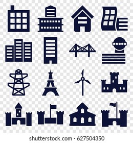 Tower icons set. set of 16 tower filled icons such as building, modern curved building, castle, Eiffel Tower, pylon, bridge
