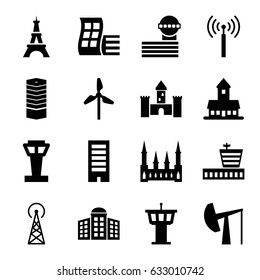 Tower icons set. set of 16 tower filled icons such as airport, modern curved building, business centre, building   isolated  sign symbol, castle, building, Eiffel Tower