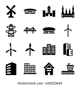 Tower icons set. set of 16 tower filled icons such as mill, airport, building, castle, business center, pylon