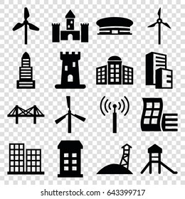 Tower icons set. set of 16 tower filled icons such as mill, building, modern curved building, building   isolated  sign symbol, castle, business center, airport