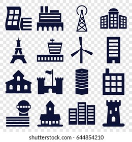 Tower icons set. set of 16 tower filled icons such as mill, airport, building, modern curved building, business centre, building   isolated  sign symbol