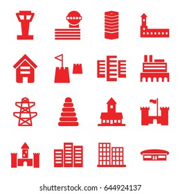 Tower icons set. set of 16 tower filled icons such as airport, building, business centre, castle, business center, pyramid