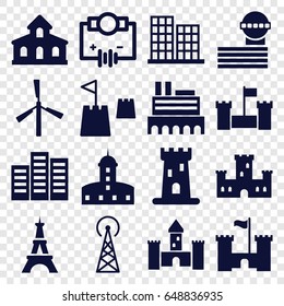 Tower icons set. set of 16 tower filled icons such as mill, building, castle, business center