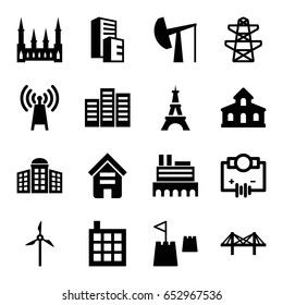 Tower icons set. set of 16 tower filled icons such as building, building   isolated  sign symbol, castle, pylon, bridge, mill, oil derrick, transmitter