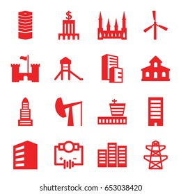 Tower icons set. set of 16 tower filled icons such as mill, airport, building, business centre, castle, business center, pylon, oil derrick, bank