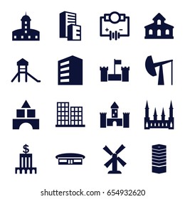 Tower icons set. set of 16 tower filled icons such as airport, building, business centre, mill, castle, business center, toy tower, oil derrick, bank