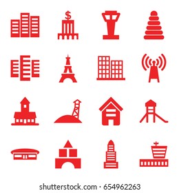Tower icons set. set of 16 tower filled icons such as airport, building, castle, business center, pyramid, bank