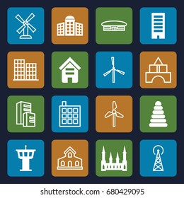 Tower icons set. set of 16 tower filled and outline icons such as building, building   isolated  sign symbol, castle, pyramid, airport, mill